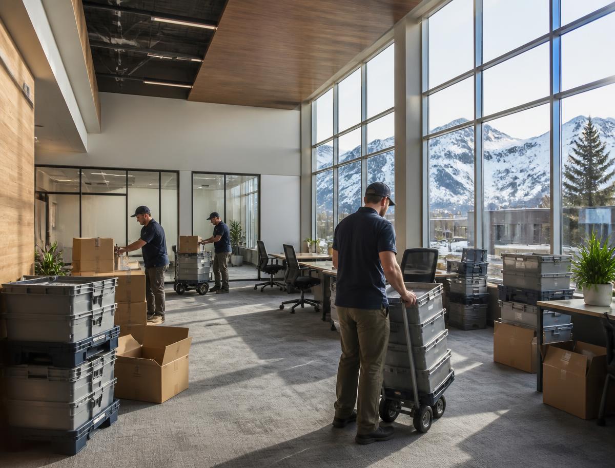 Movers relocating an office with crates and dollies in a mountain-view workspace