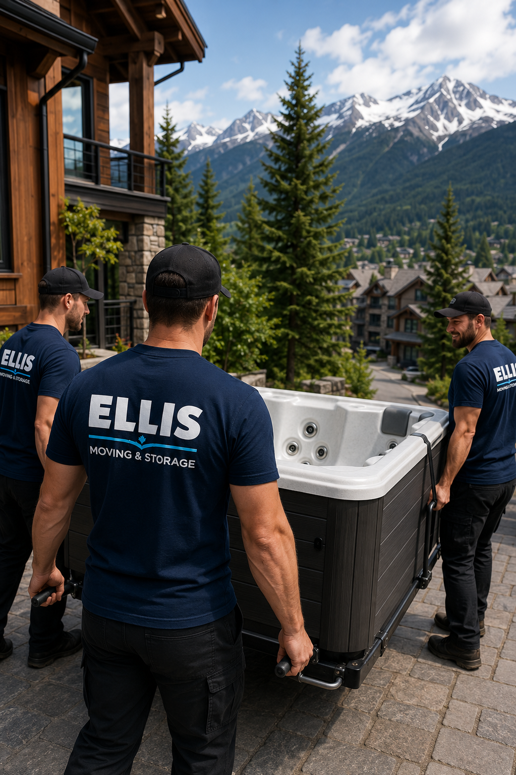 Movers lifting a hot tub off a mountain home deck in Whistler
