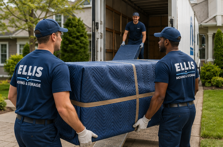 White glove movers unwrapping and placing furniture in a luxury Whistler chalet