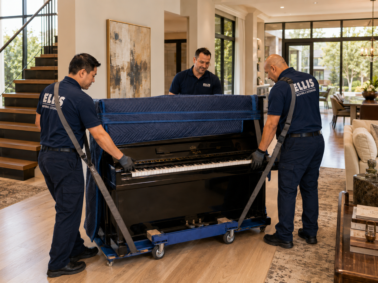 Crew moving a wrapped piano down snowy chalet stairs in winter