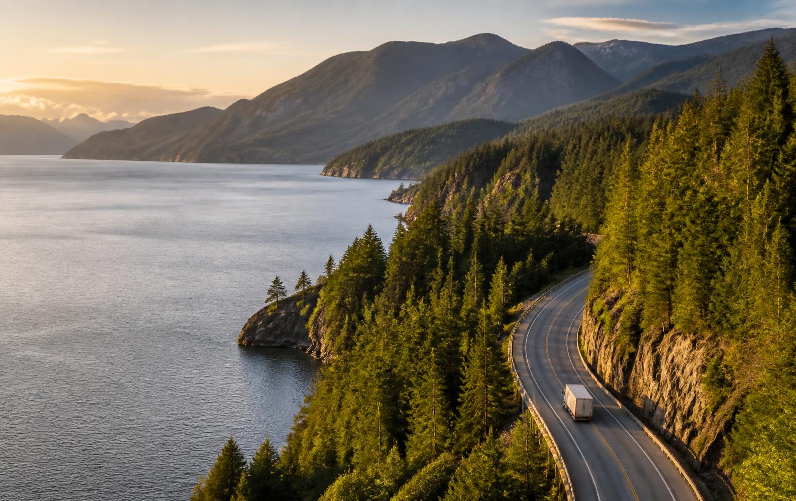 Moving truck on the Sea-to-Sky Highway between Vancouver and Whistler at sunset