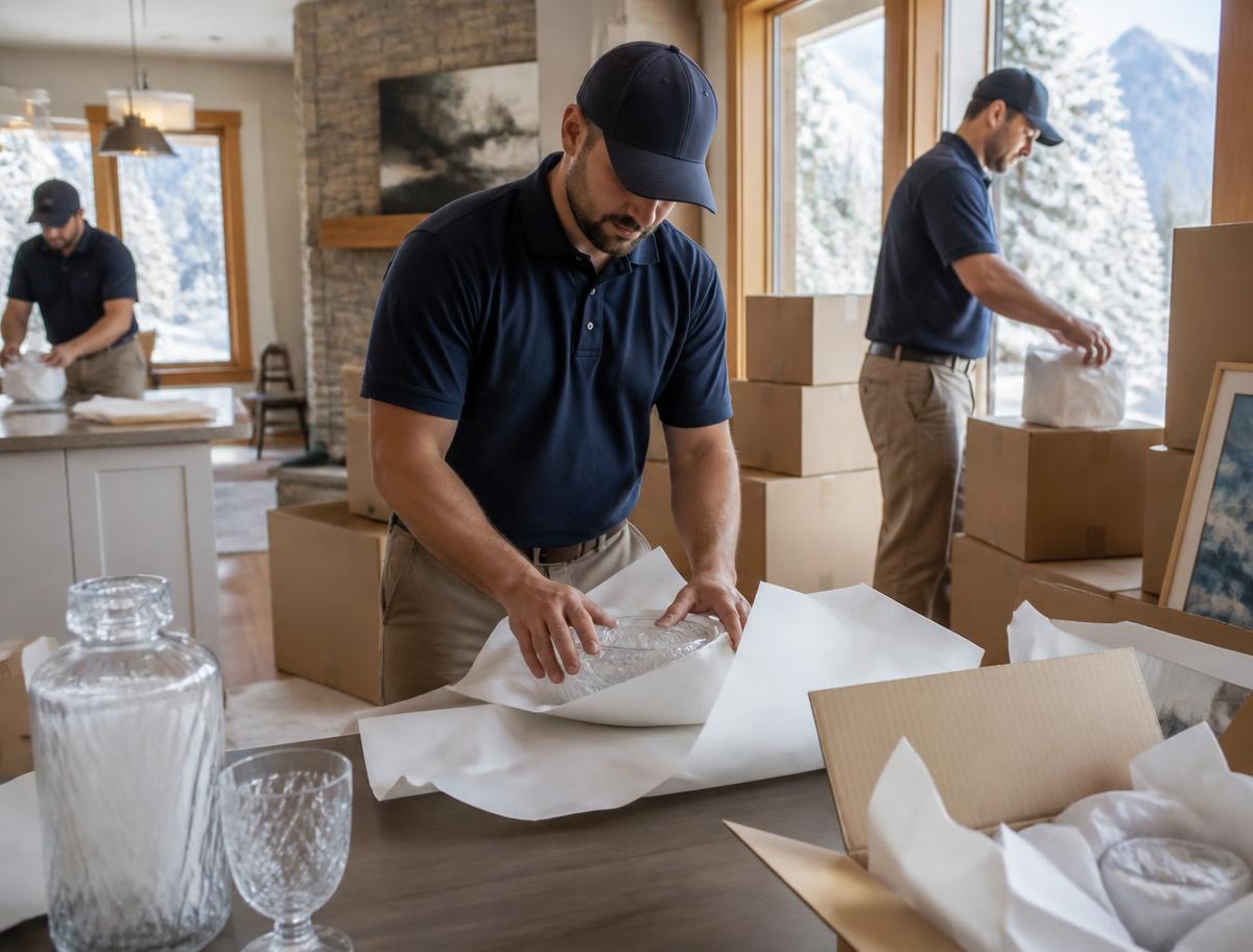Professional packers wrapping glassware and artwork in a Whistler home