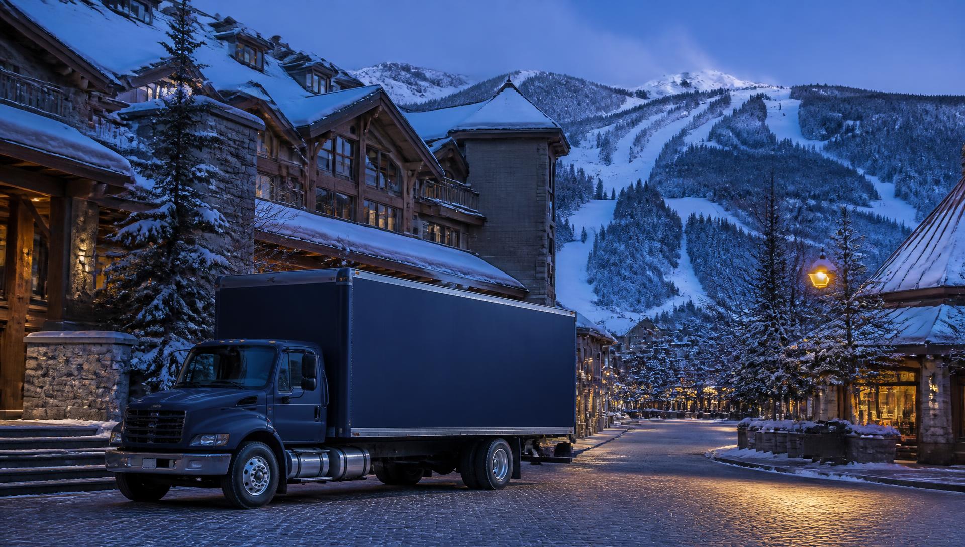 Snowy Whistler Village at dusk with a moving truck parked on the cobblestone street