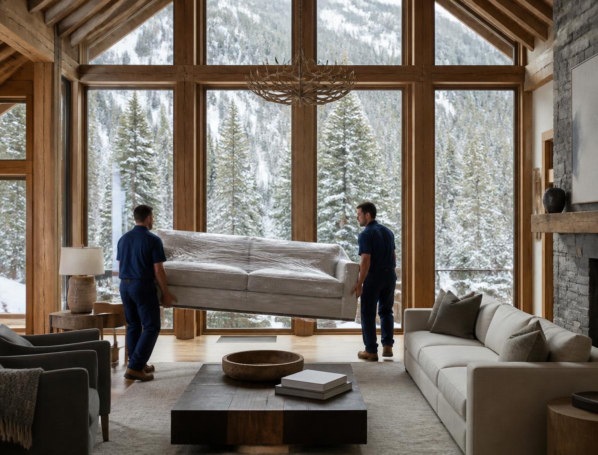 Ellis movers carrying a wrapped sofa through a Whistler timber-frame chalet